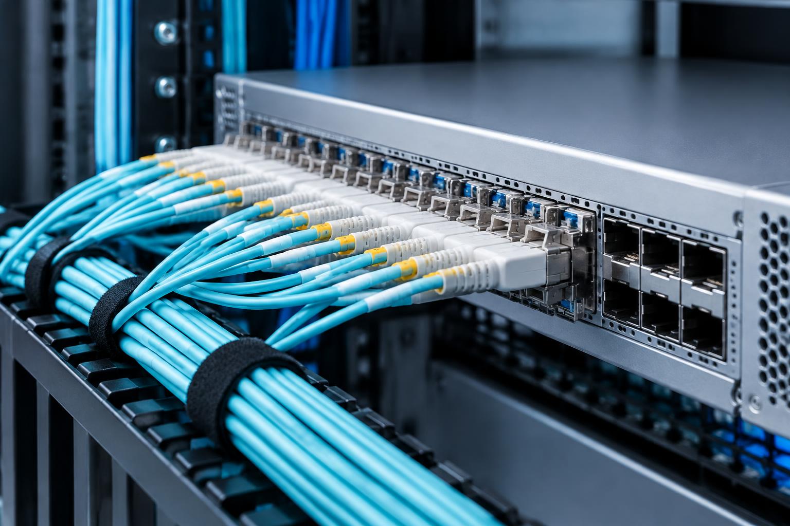 Network switch with connected fibre optic cables